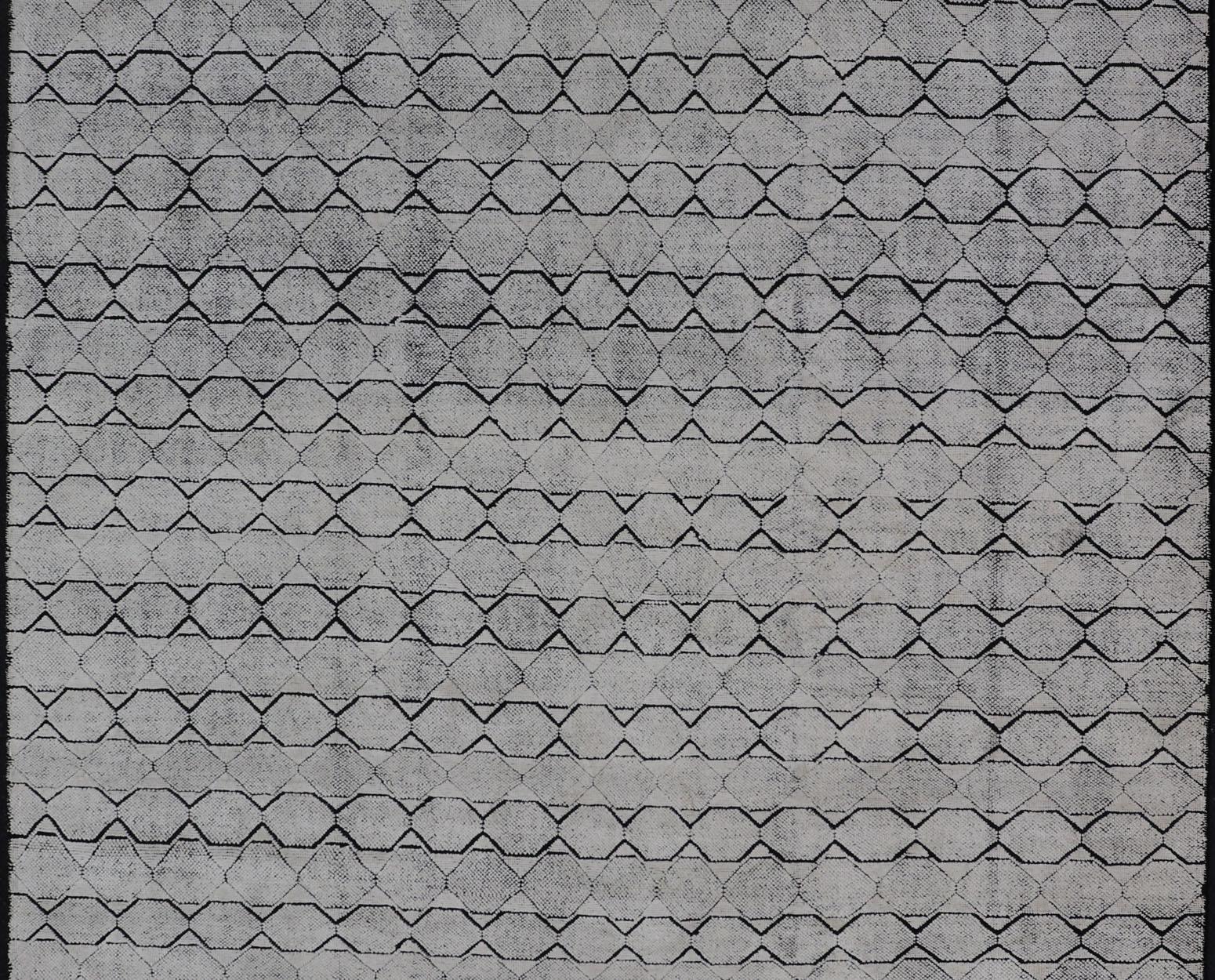 Hand-Knotted All-Over Geometric Modern Large Rug in Ivory and Black For Sale