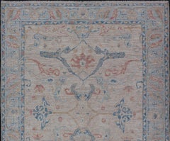 All-Over Hand Knotted Oushak Rug with Arabesque Design in Ivory and Blue Tones