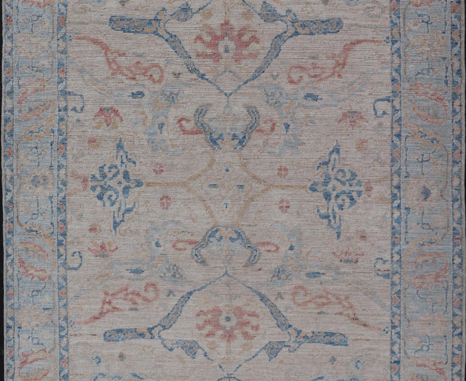 Afghan All-Over Hand Knotted Oushak Rug with Arabesque Design in Ivory and Blue Tones For Sale