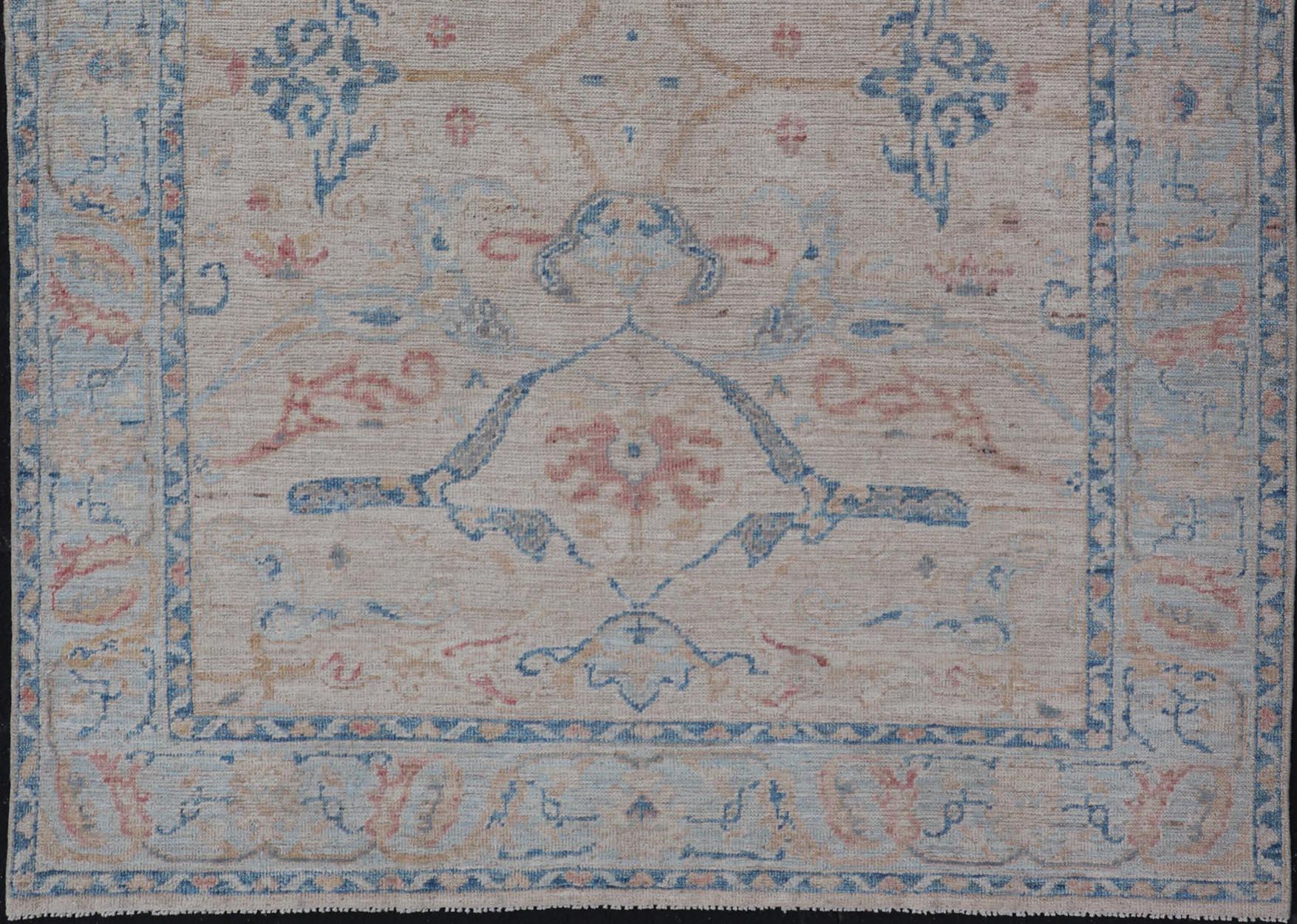 Hand-Knotted All-Over Hand Knotted Oushak Rug with Arabesque Design in Ivory and Blue Tones For Sale