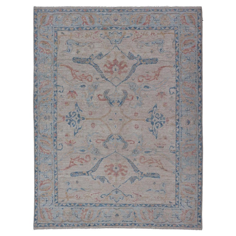 AllOver Hand Knotted Oushak Rug with Arabesque Design in Ivory and Blue Tones For Sale at 1stDibs