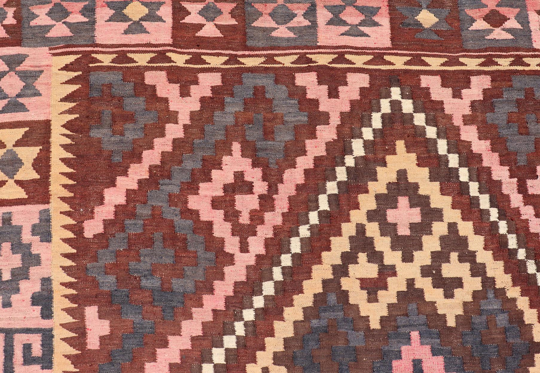 All-Over Hand Woven Geometric Kilim Diamond Design in Brown, Pink, and Ivory For Sale 3