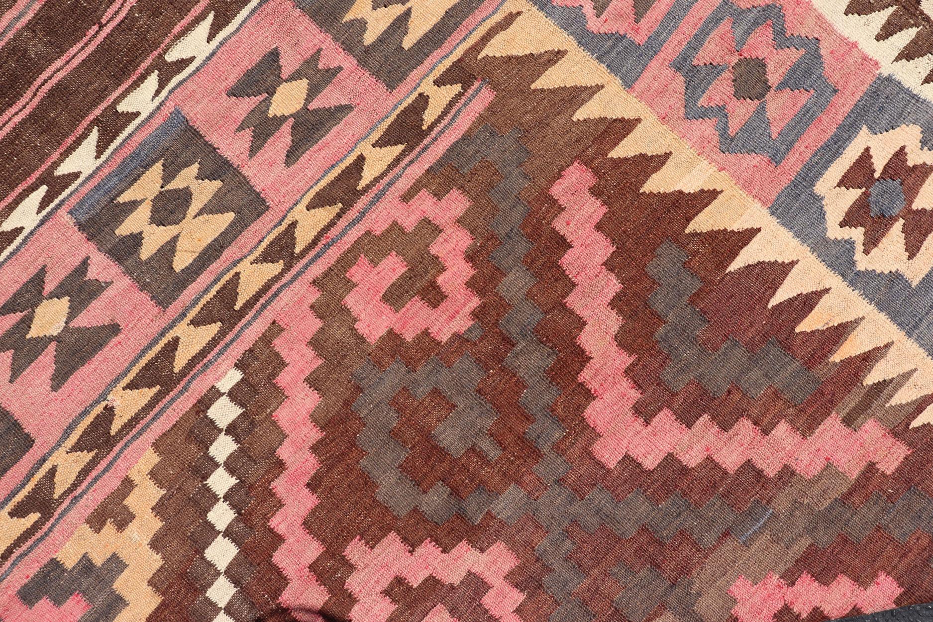 All-Over Hand Woven Geometric Kilim Diamond Design in Brown, Pink, and Ivory For Sale 11