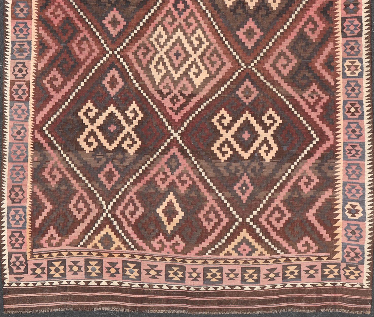 Afghan All-Over Hand Woven Geometric Kilim Diamond Design in Brown, Pink, and Ivory For Sale