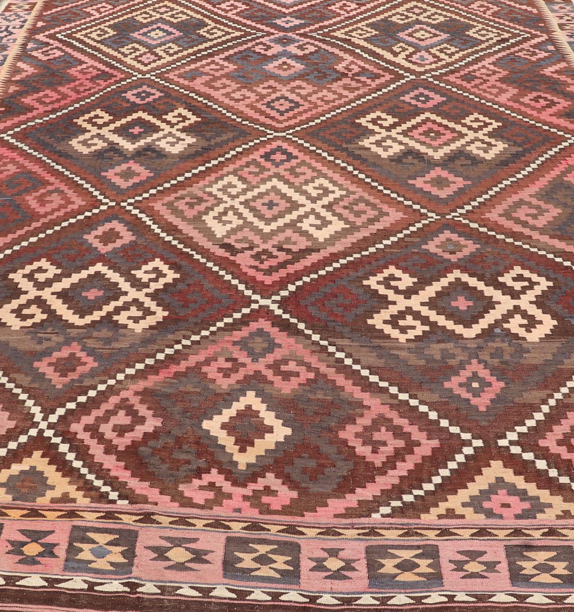 Hand-Woven All-Over Hand Woven Geometric Kilim Diamond Design in Brown, Pink, and Ivory For Sale