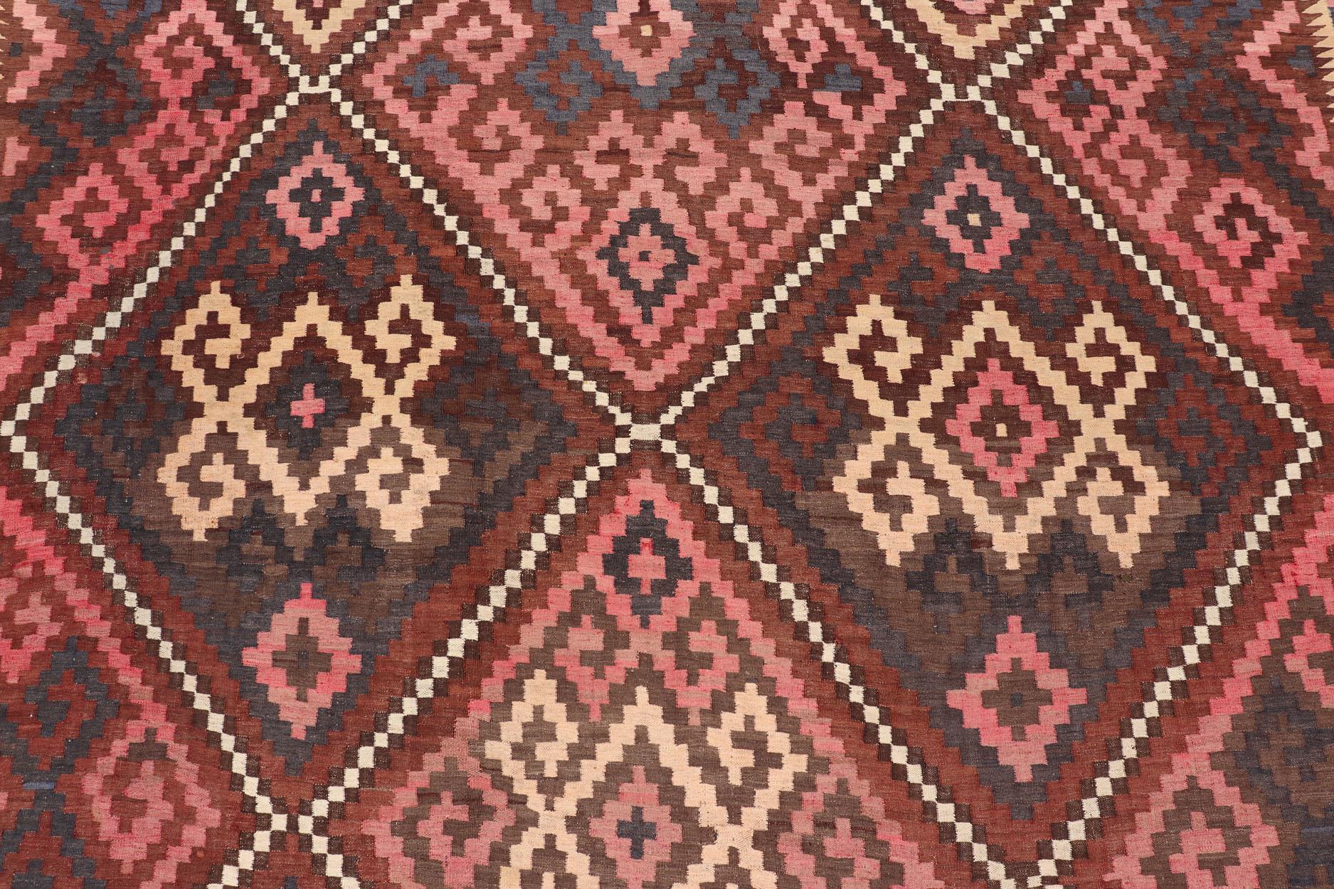 20th Century All-Over Hand Woven Geometric Kilim Diamond Design in Brown, Pink, and Ivory For Sale