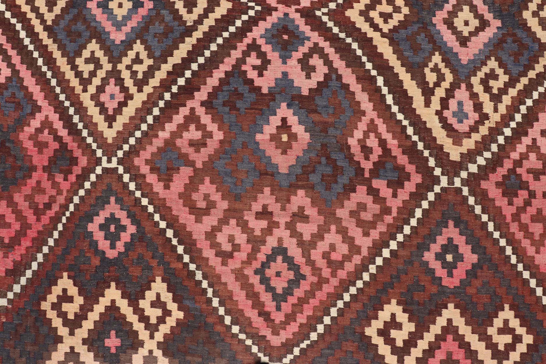 All-Over Hand Woven Geometric Kilim Diamond Design in Brown, Pink, and Ivory For Sale 1