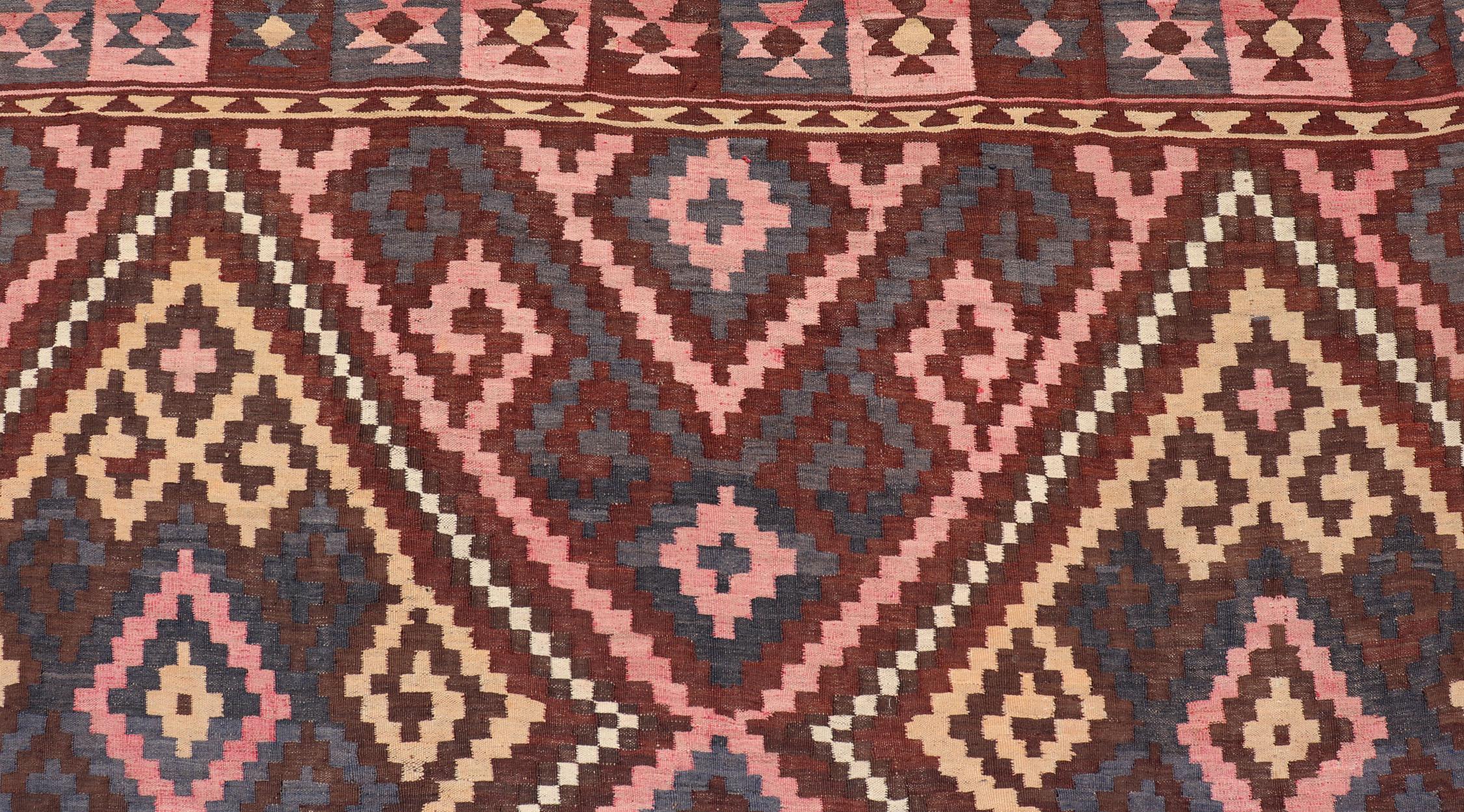 All-Over Hand Woven Geometric Kilim Diamond Design in Brown, Pink, and Ivory For Sale 2