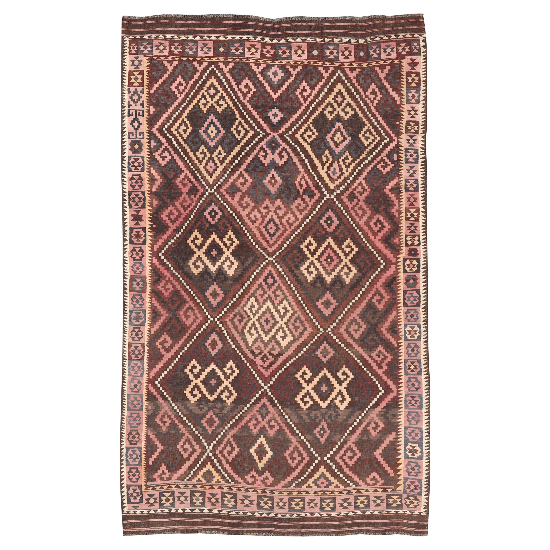 Kilim geometrico intrecciato a mano in marrone, rosa e avorio, con design a diamante in vendita