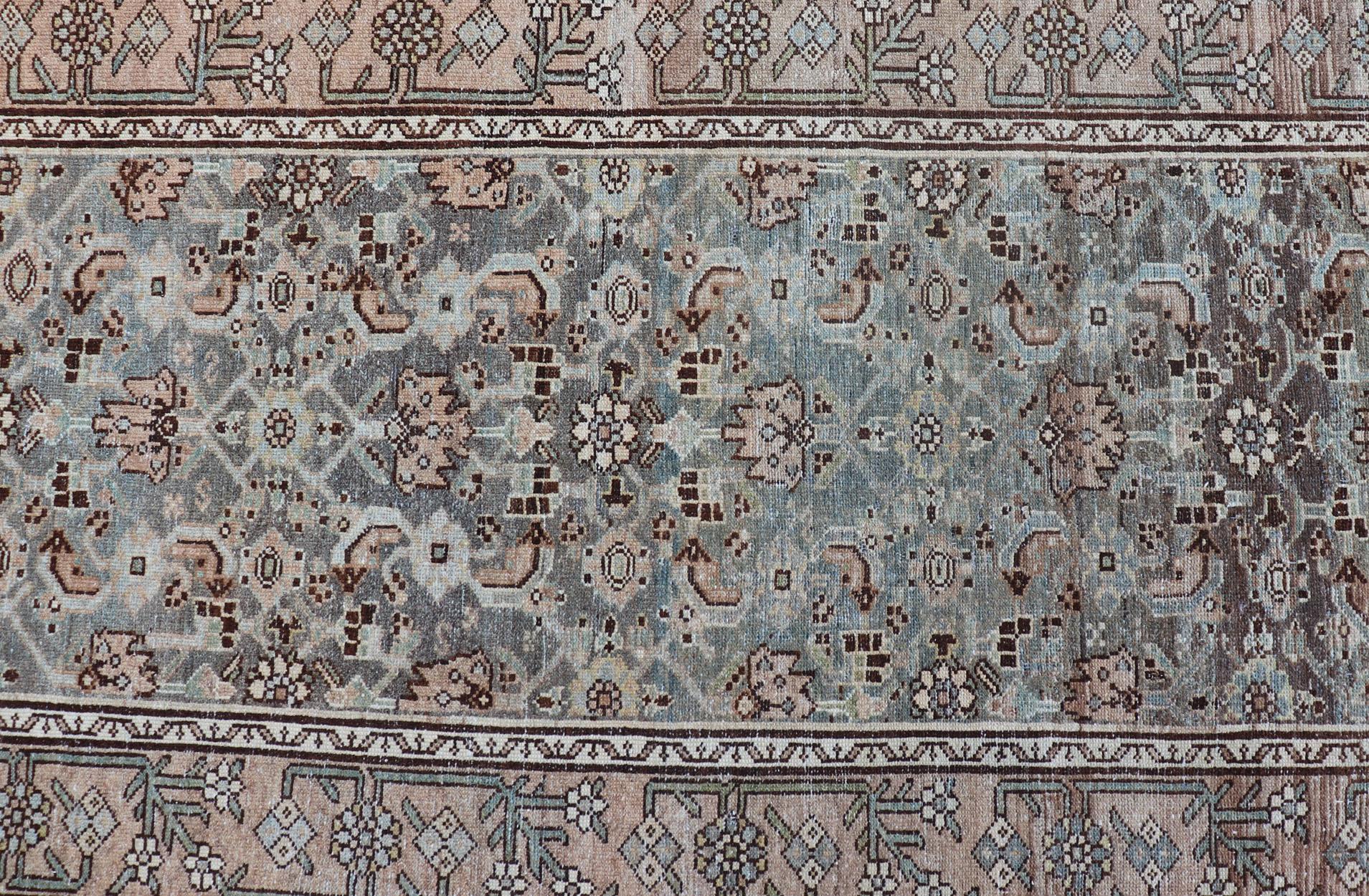 All-Over Herati Design Antique Persian Malayer Runner in Blue, Gray & Sand 4