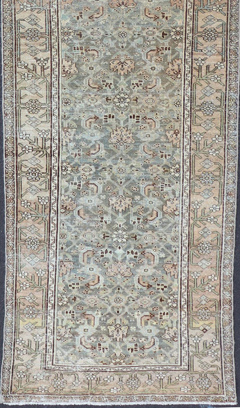 Hand-Knotted All-Over Herati Design Antique Persian Malayer Runner in Blue, Gray & Sand