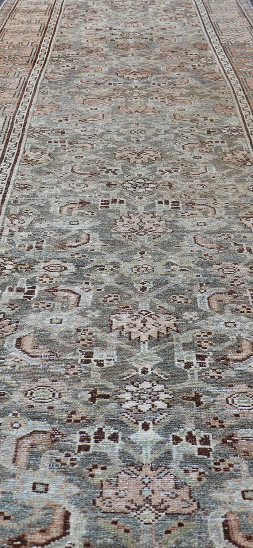 All-Over Herati Design Antique Persian Malayer Runner in Blue, Gray & Sand 3