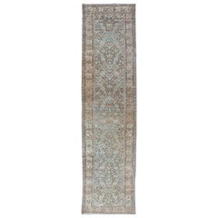All-Over Herati Design Antique Persian Malayer Runner in Blue, Gray 
Sand