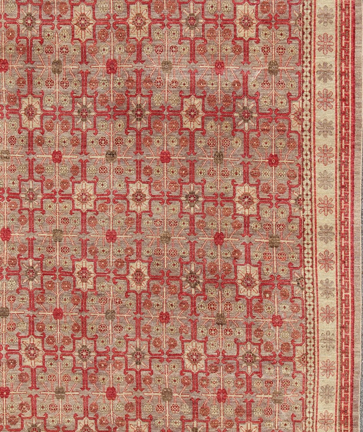Contemporary All-Over Khotan Design Rug in Light Gray and Raspberry Background For Sale