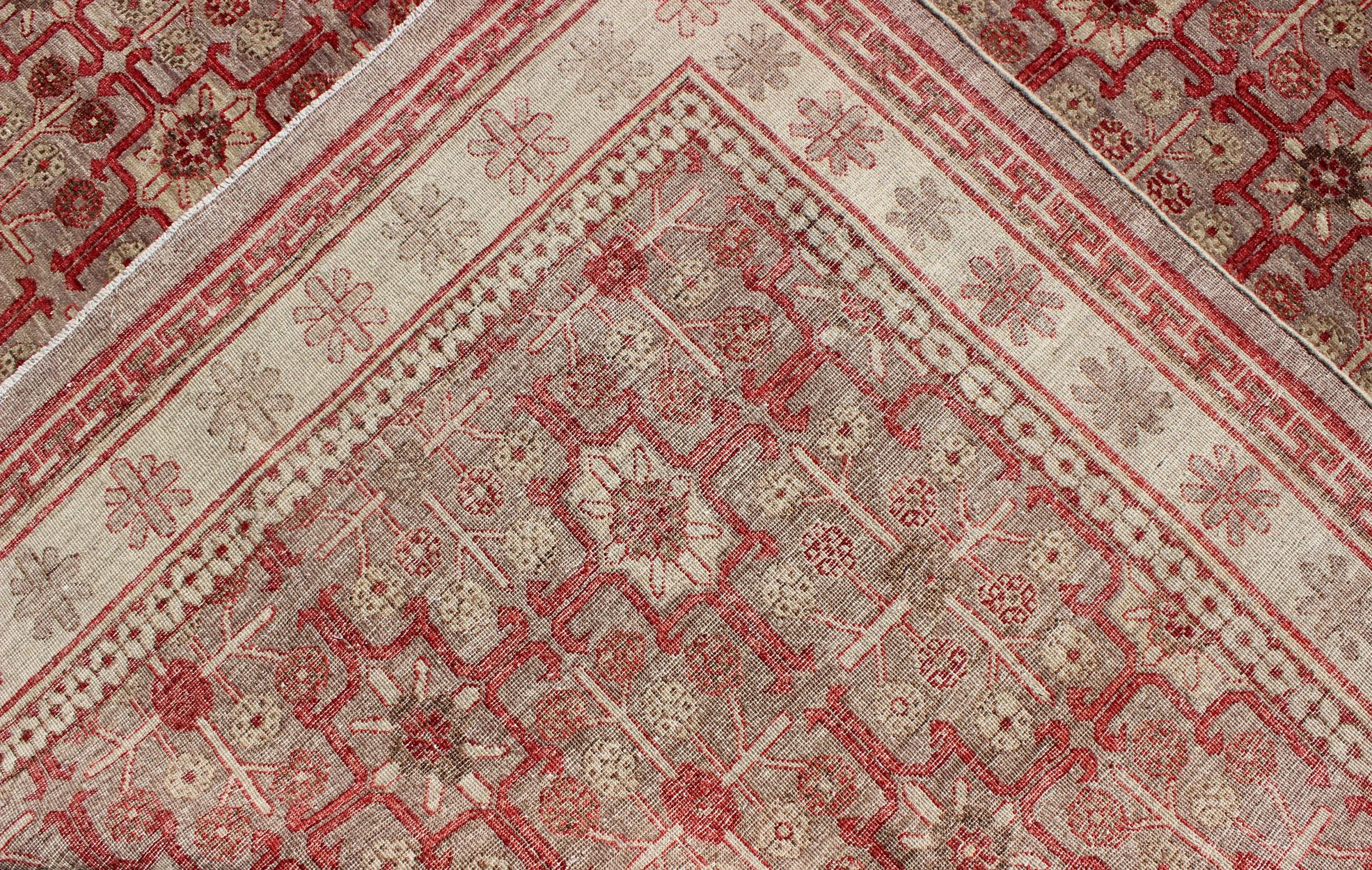 Wool All-Over Khotan Design Rug in Light Gray and Raspberry Background For Sale
