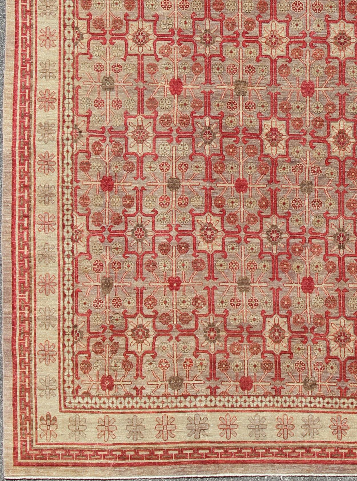 All-Over Khotan Design Rug in Light Gray and Raspberry Background For Sale 1