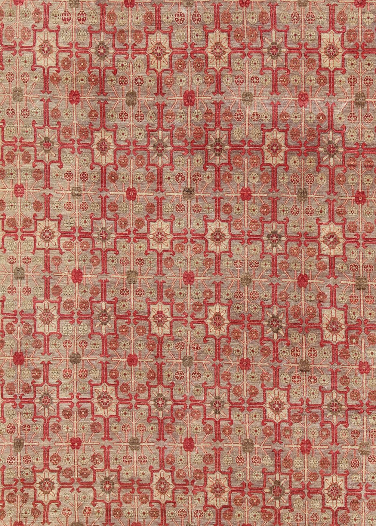 All-Over Khotan Design Rug in Light Gray and Raspberry Background For Sale 2