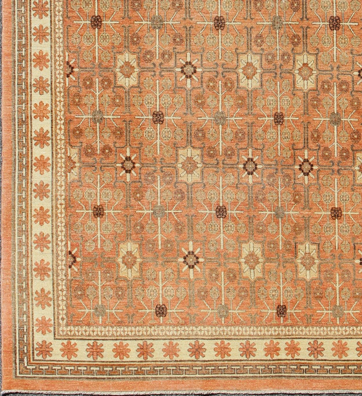 Afghan All-Over Design Khotan Rug in Light Tangerine Background. Charcoal, Brown, Green For Sale