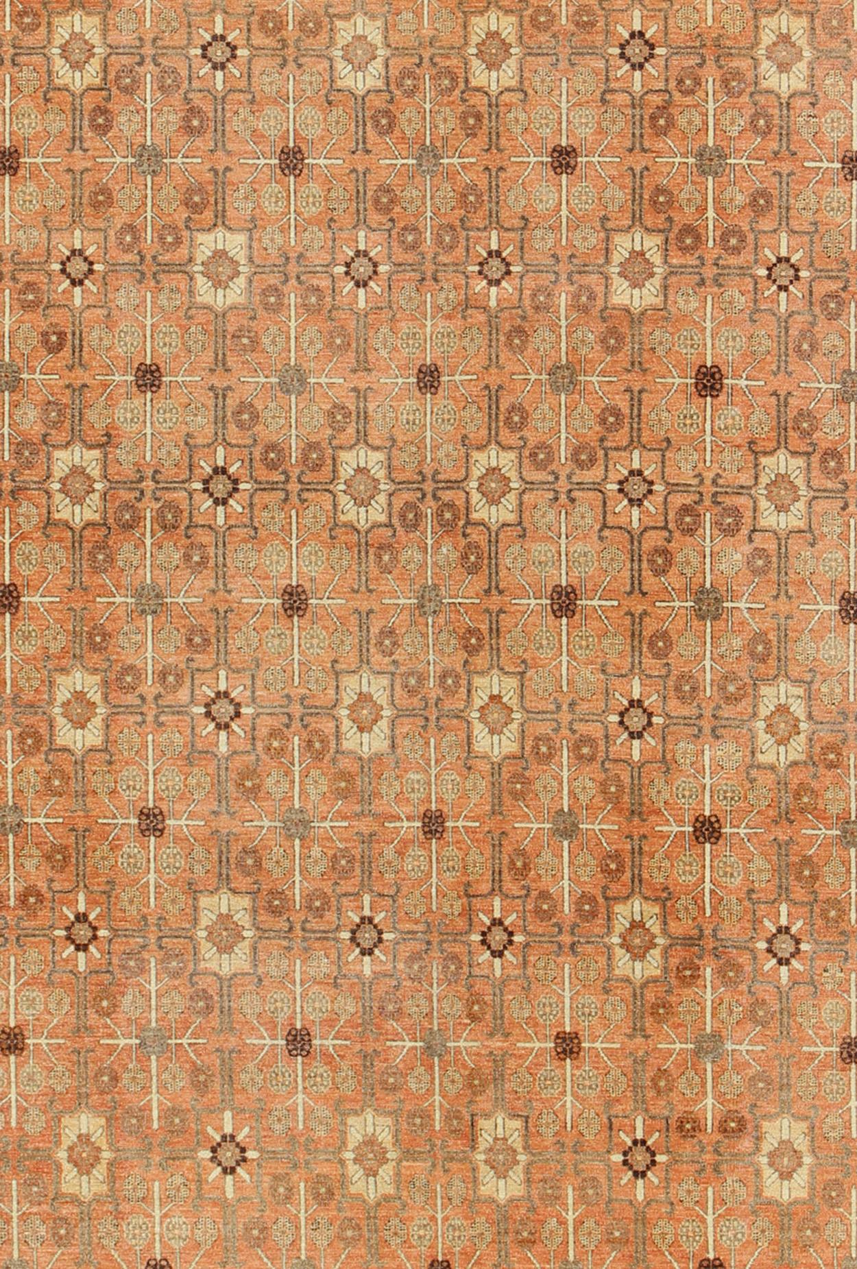 Hand-Knotted All-Over Design Khotan Rug in Light Tangerine Background. Charcoal, Brown, Green For Sale