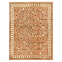 All-Over Design Khotan Rug in Light Tangerine Background. Charcoal, Brown, Green