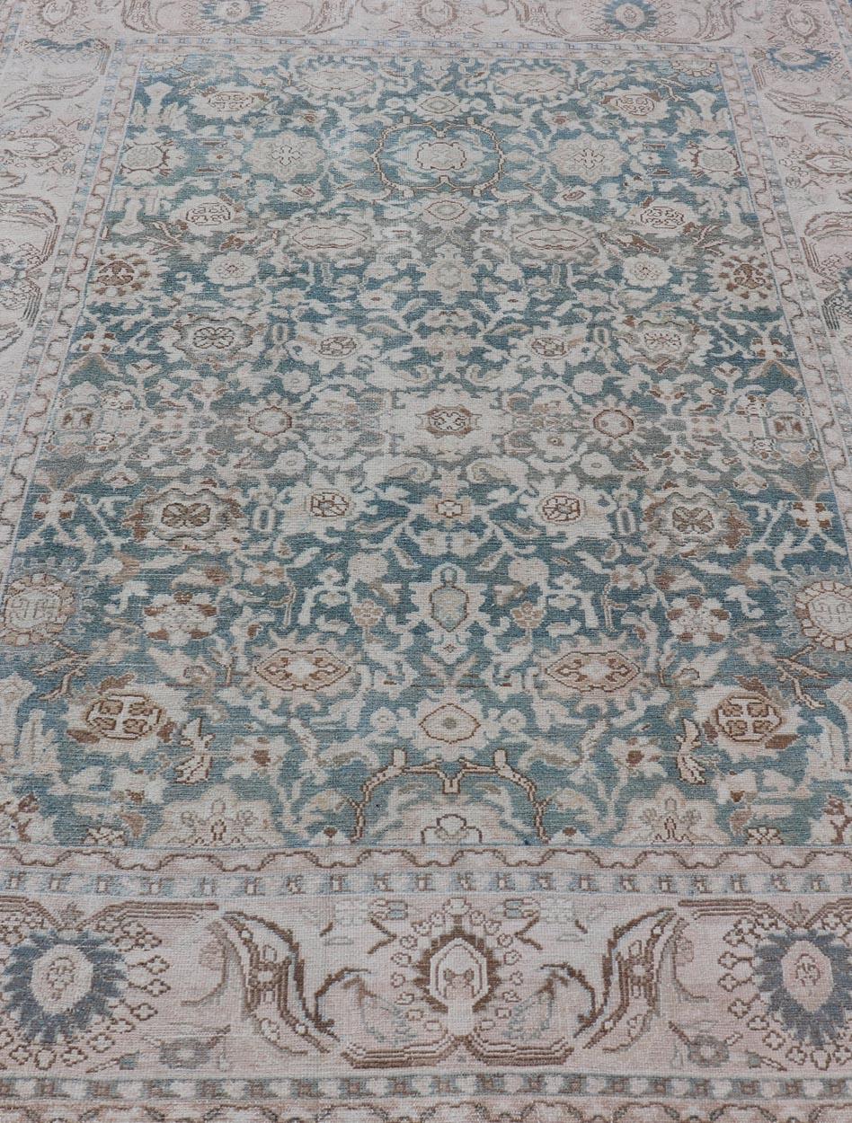 Hand-Knotted All-Over Light Green Floral Antique Persian Hamadan Rug with Earthy Tones