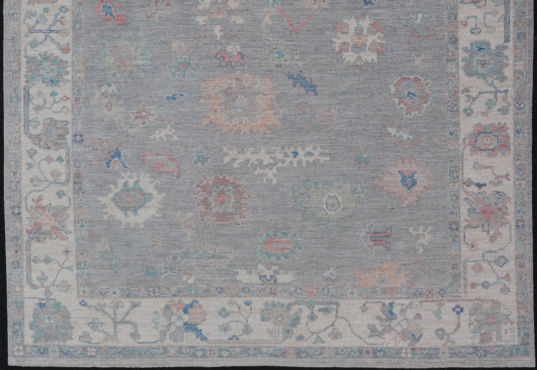All Over Modern Floral Oushak with A Light Blue-Gray Field and Border With Color For Sale 3