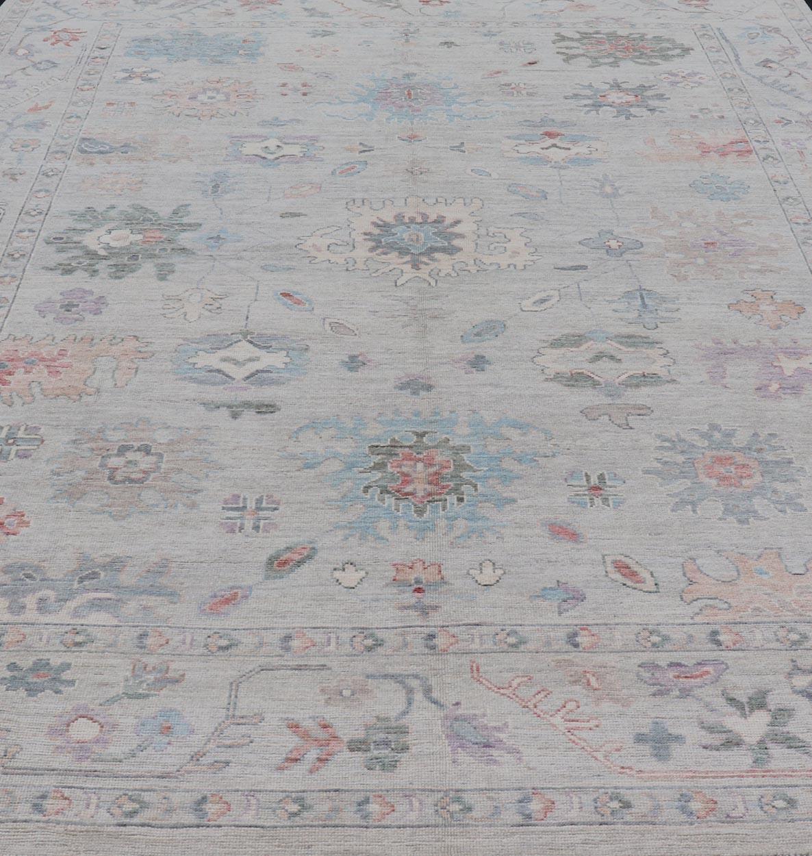 All Over Modern Floral Oushak with A Light Blue-Gray Field and Border With Color For Sale 5