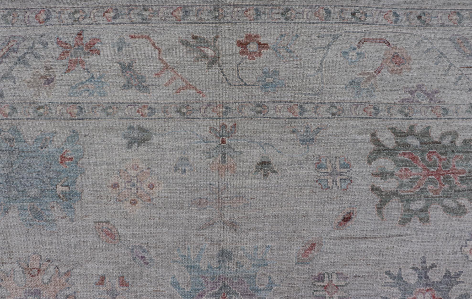 All Over Modern Floral Oushak with A Light Blue-Gray Field and Border With Color For Sale 8