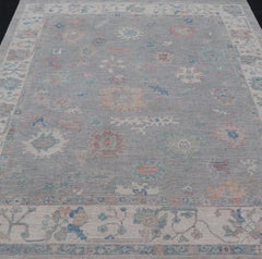 All Over Modern Floral Oushak with A Light Blue-Gray Field and Border With Color