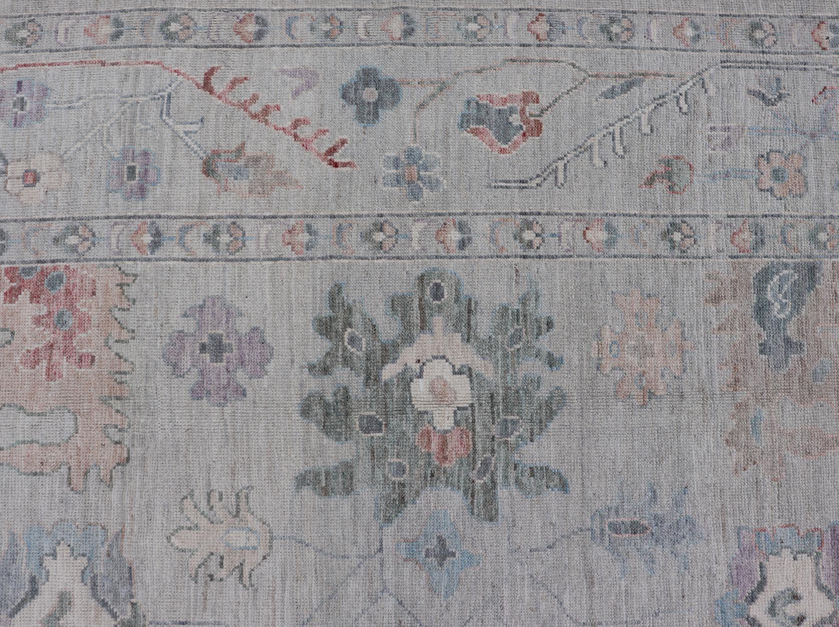 Afghan All Over Modern Floral Oushak with A Light Blue-Gray Field and Border With Color For Sale