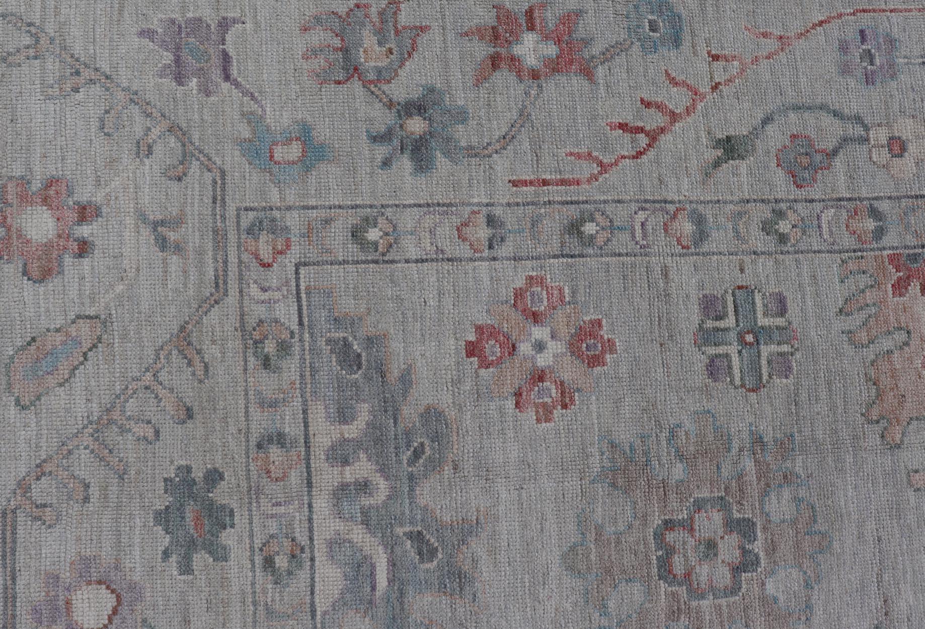 Hand-Knotted All Over Modern Floral Oushak with A Light Blue-Gray Field and Border With Color For Sale