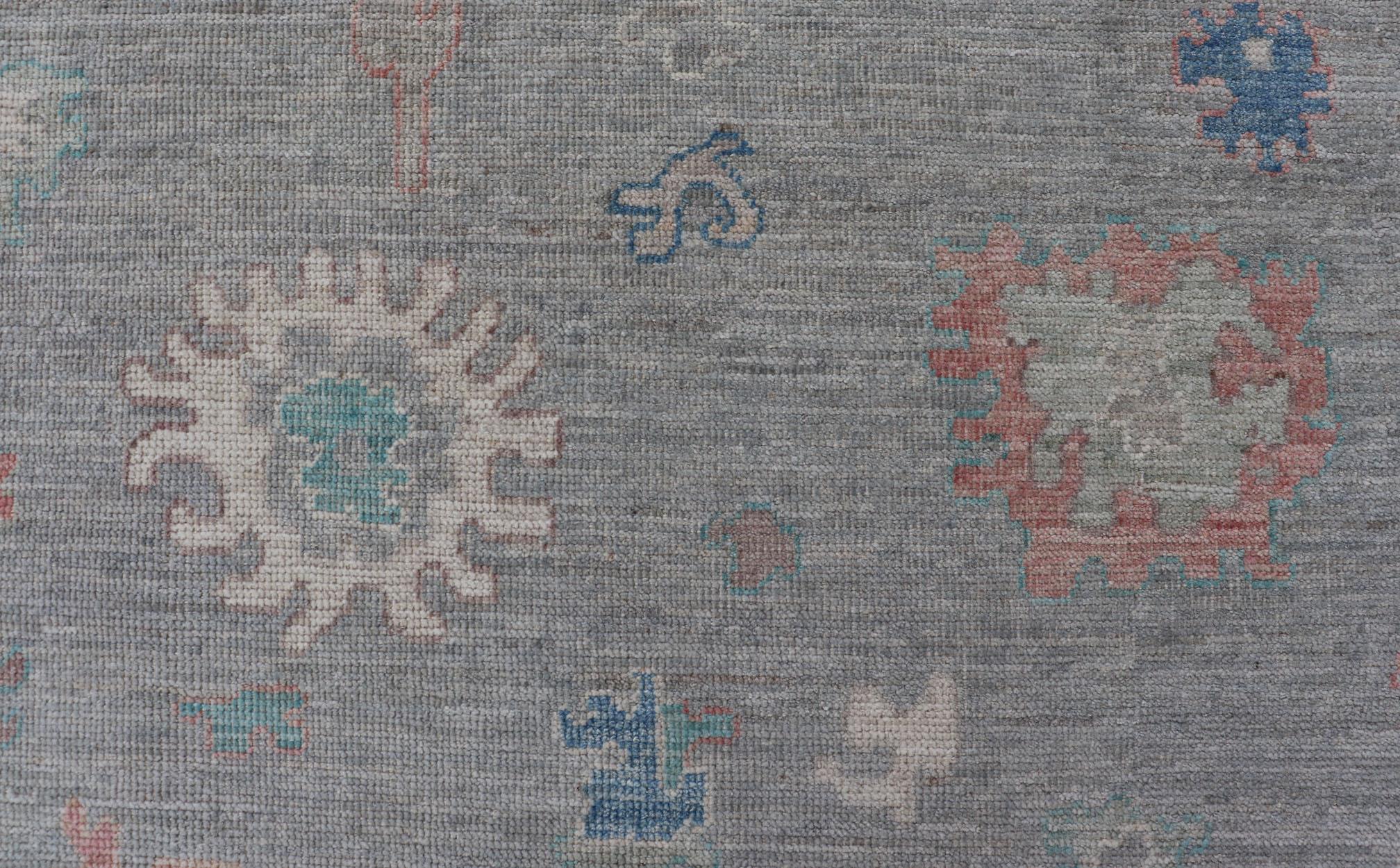 Hand-Knotted All Over Modern Floral Oushak with A Light Blue-Gray Field and Border With Color For Sale
