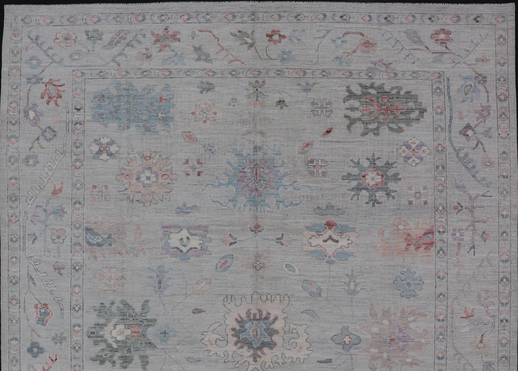 Wool All Over Modern Floral Oushak with A Light Blue-Gray Field and Border With Color For Sale