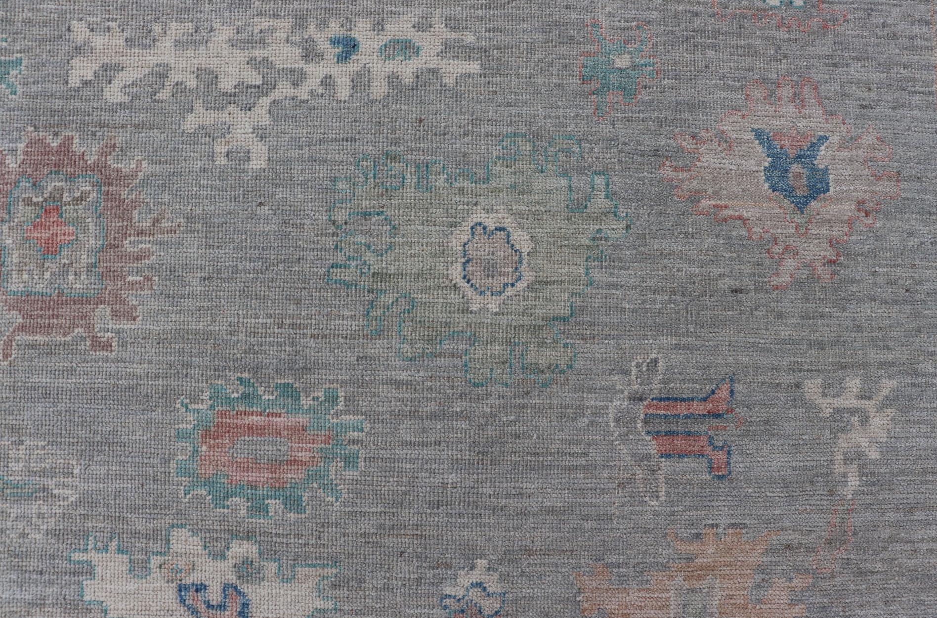 Wool All Over Modern Floral Oushak with A Light Blue-Gray Field and Border With Color For Sale