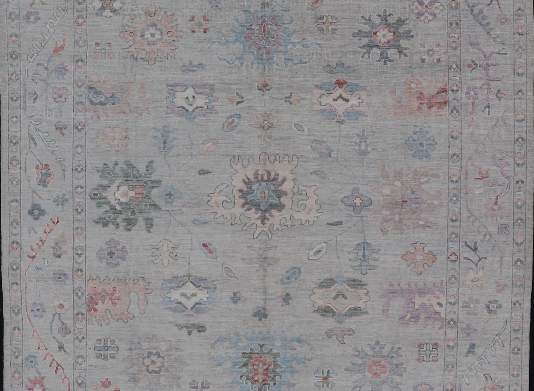 All Over Modern Floral Oushak with A Light Blue-Gray Field and Border With Color For Sale 1