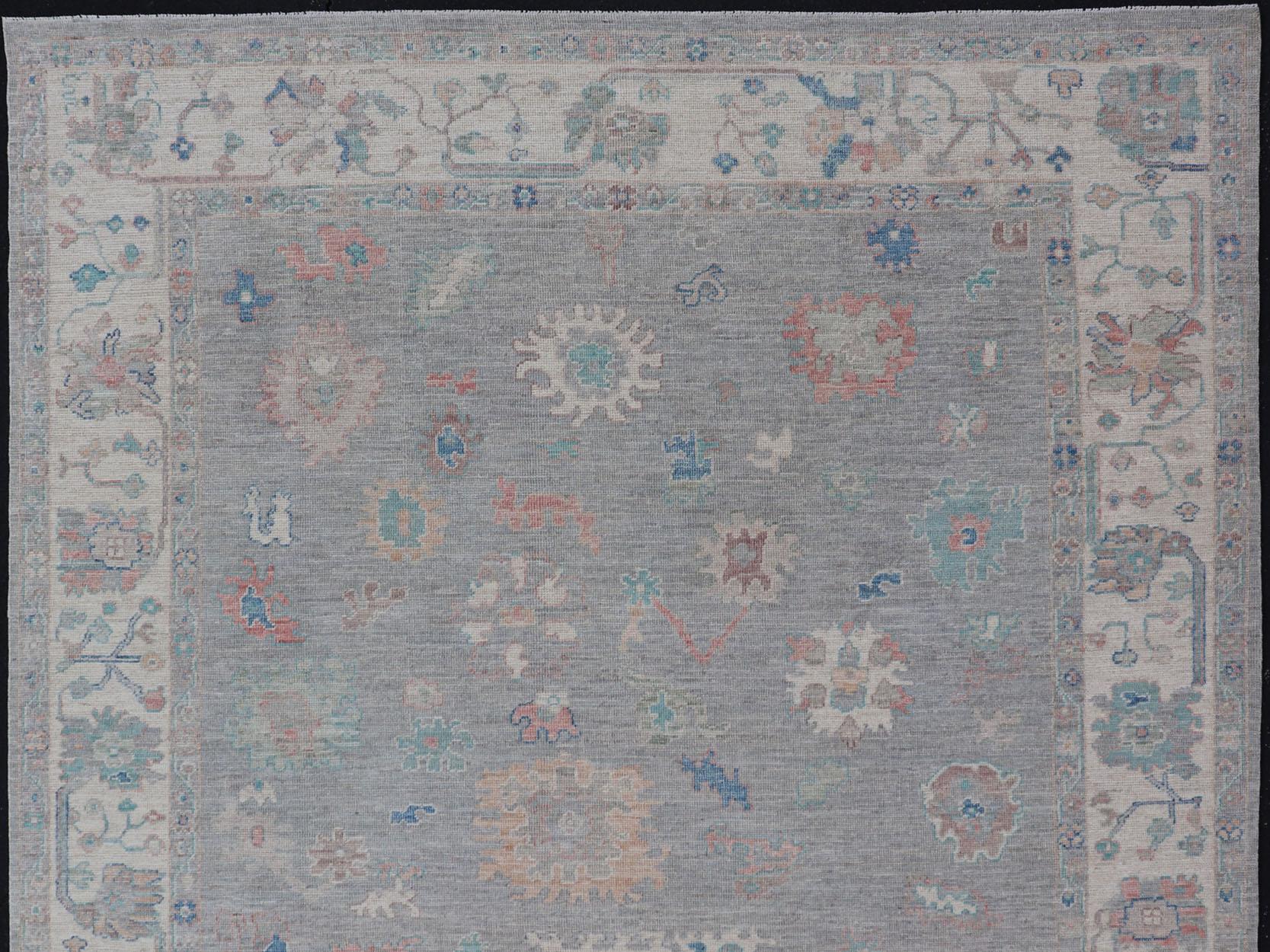 All Over Modern Floral Oushak with A Light Blue-Gray Field and Border With Color For Sale 1