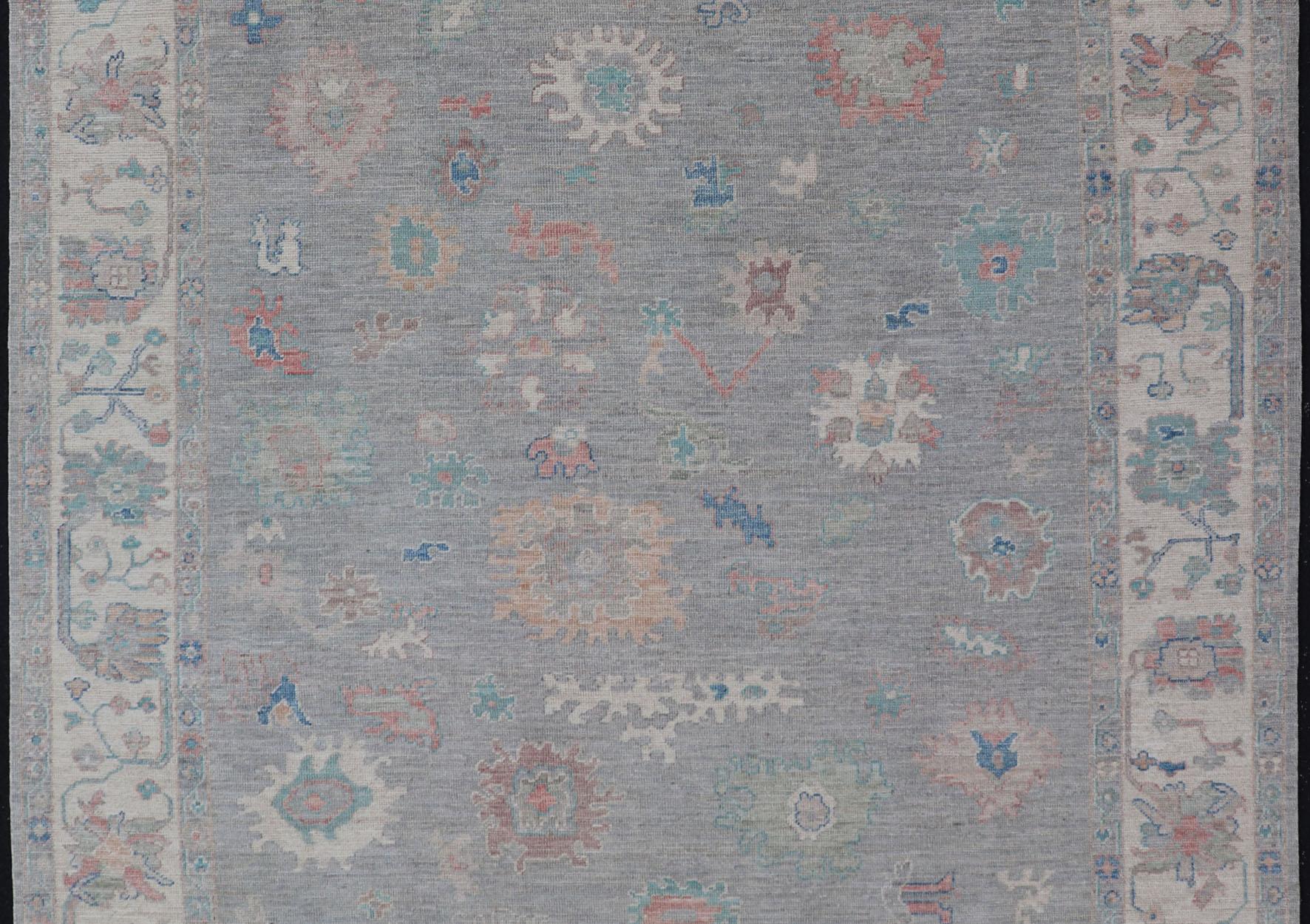 All Over Modern Floral Oushak with A Light Blue-Gray Field and Border With Color For Sale 2