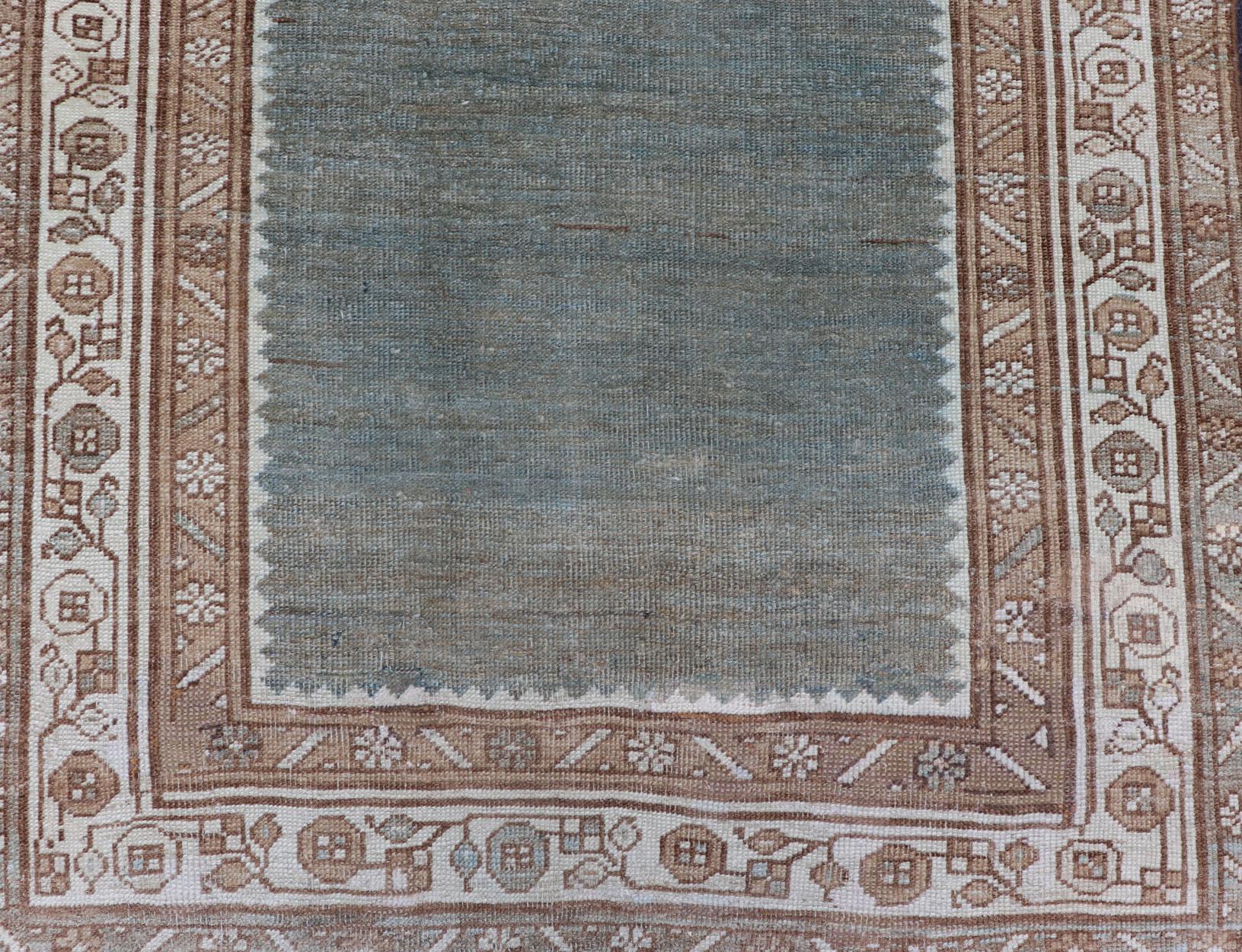 All-Over Open Field Antique Persian Kurdish Runner in Variegated Green & Blue For Sale 3