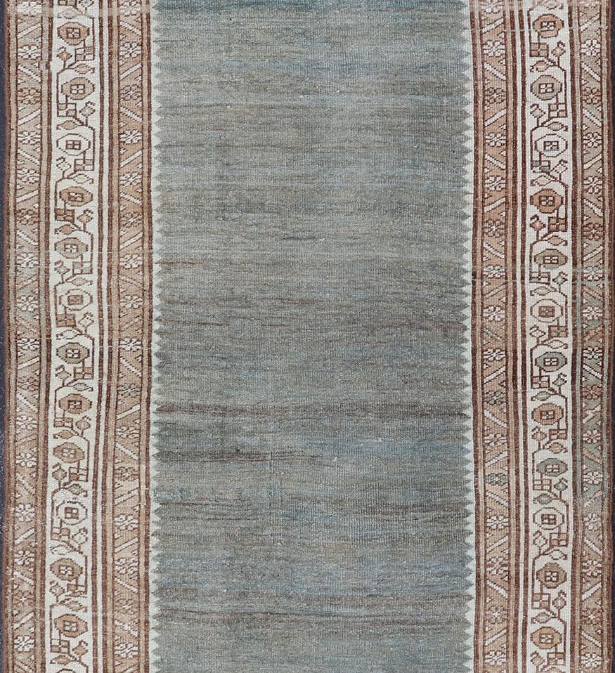 Malayer All-Over Open Field Antique Persian Kurdish Runner in Variegated Green & Blue For Sale