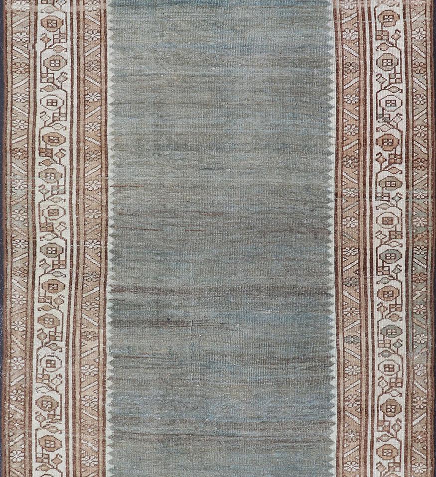 Malayer All-Over Open Field Antique Persian Kurdish Runner in Variegated Green & Blue en vente