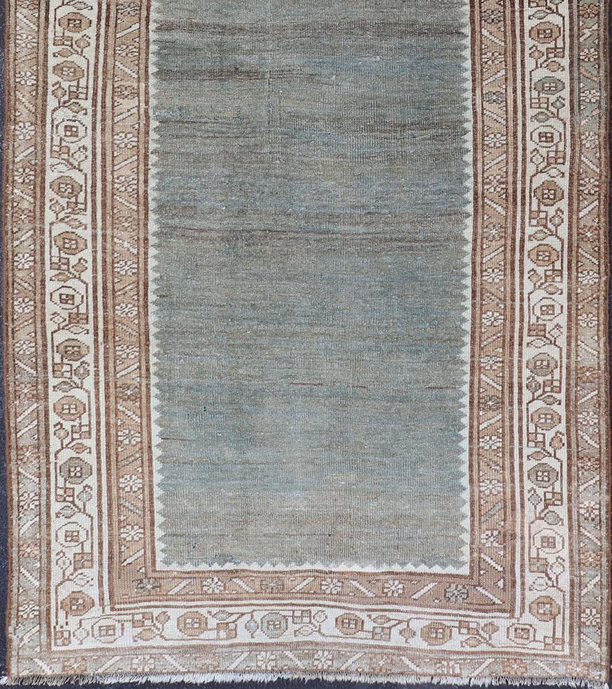 Hand-Knotted All-Over Open Field Antique Persian Kurdish Runner in Variegated Green & Blue For Sale