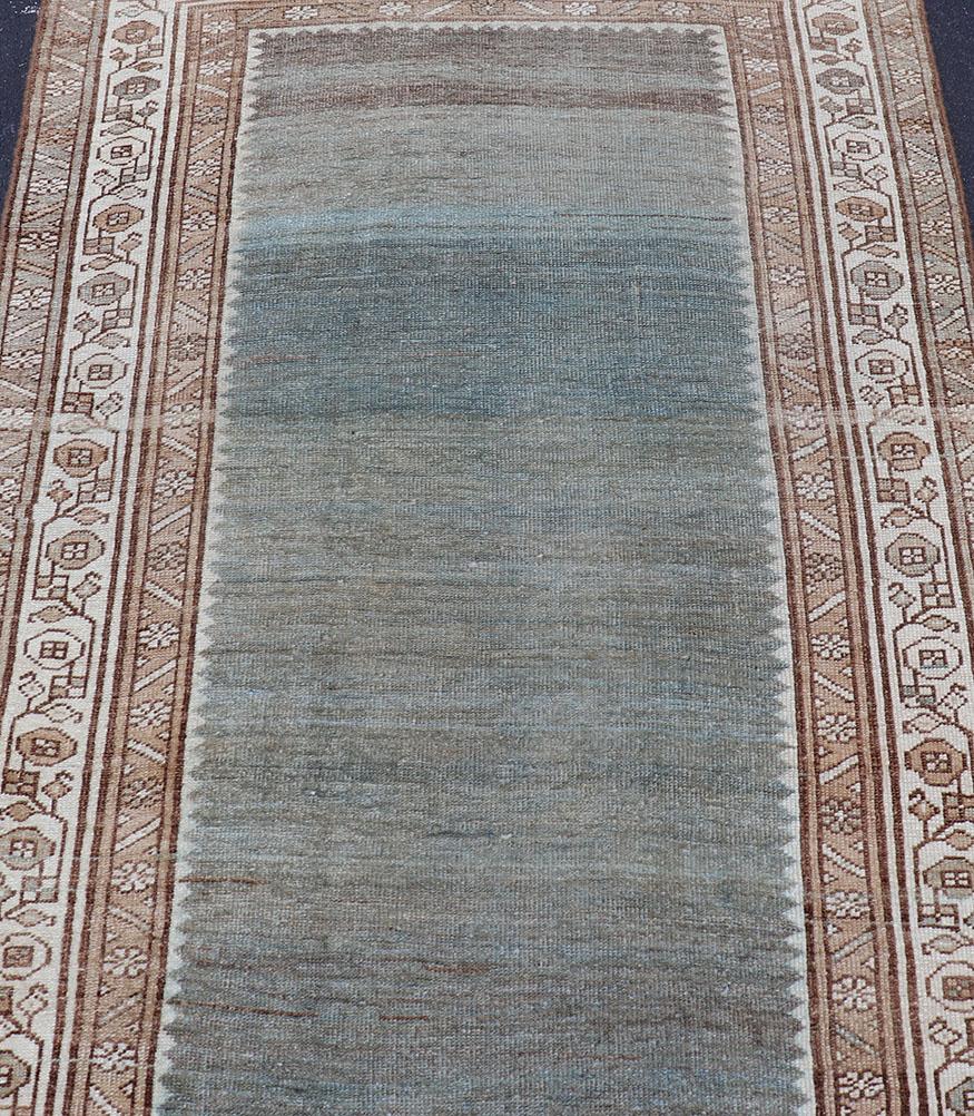 All-Over Open Field Antique Persian Kurdish Runner in Variegated Green & Blue For Sale 1