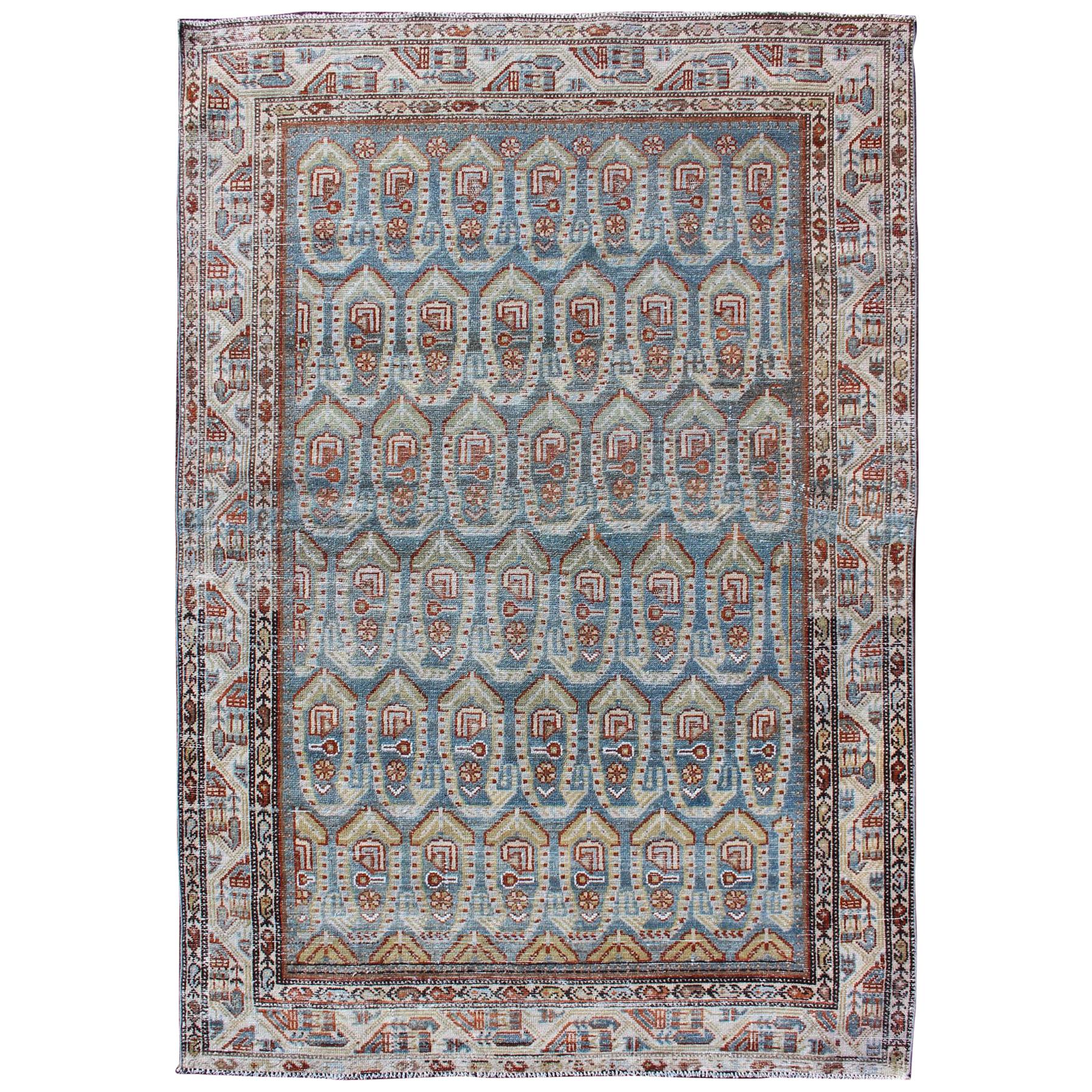Tappeto antico persiano Malayer con motivo Paisley in blu e rosso 4'3 X 6'4