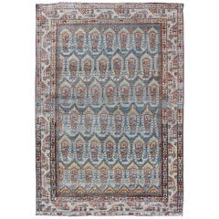 Tappeto antico persiano Malayer con motivo Paisley in blu e rosso 4'3 X 6'4