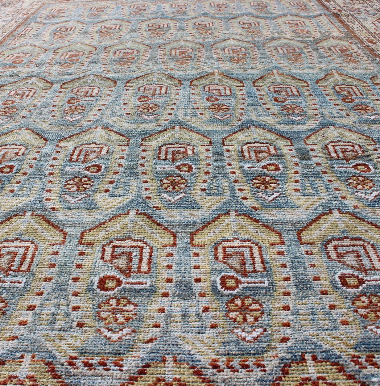 Early 20th Century All-Over Paisley Pattern Antique Persian Malayer Rug in Blue and Red For Sale
