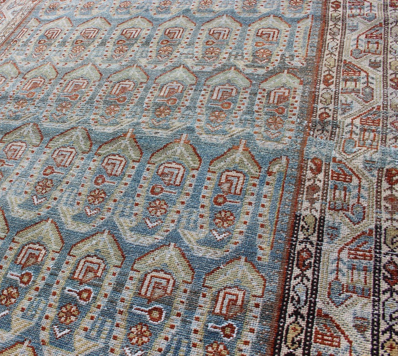 Wool All-Over Paisley Pattern Antique Persian Malayer Rug in Blue and Red For Sale