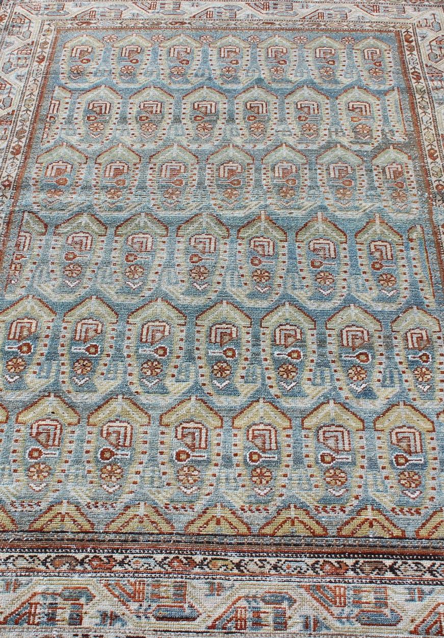 All-Over Paisley Pattern Antique Persian Malayer Rug in Blue and Red For Sale 1