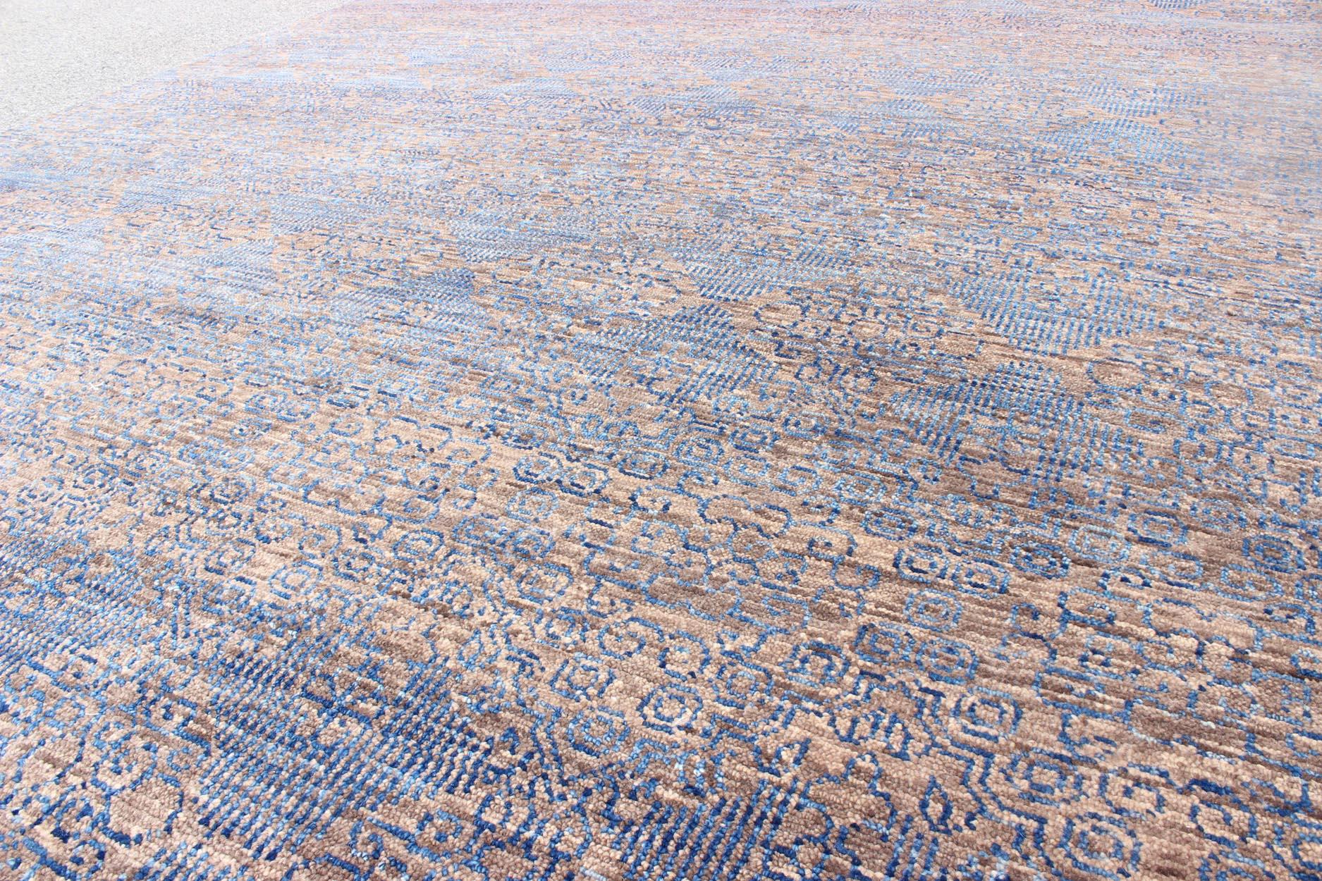 Hand-Knotted All-Over Transitional Rug in Shades of Blue and Brown For Sale