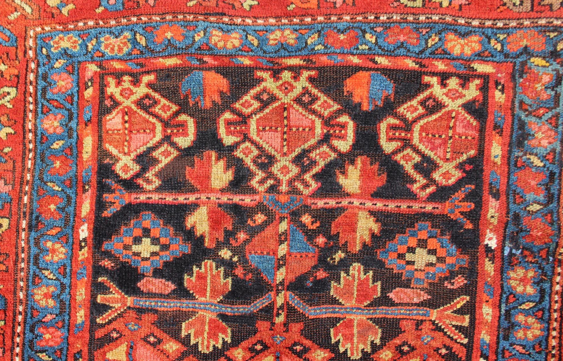 Early 20th Century All-Over Tribal Design Antique Persian Kurdish Rug in Blue & Red For Sale
