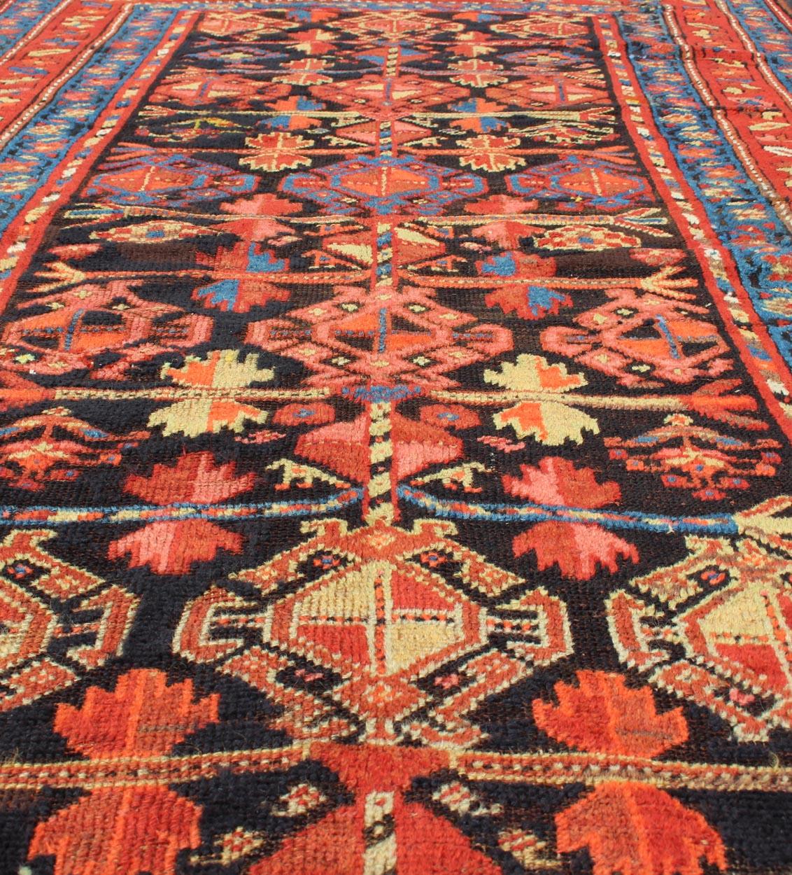 All-Over Tribal Design Antique Persian Kurdish Rug in Blue & Red For Sale 1